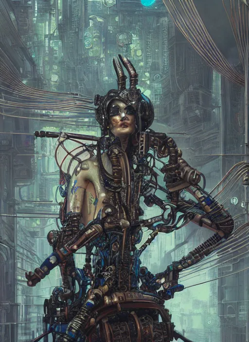 Prompt: futuristic artdeco male cyberpunk psychedelic, fusion style grungy rustic steampunk, character portrait, ultra - realistic, wide angle, intricate details, wires, machines, skulls,, highly detailed by peter mohrbacher, hajime sorayama, wayne barlowe, boris vallejo, aaron horkey, gaston bussiere, craig mullins