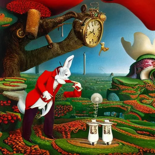 Prompt: the white rabbit wearing a top hat and vest, is looking at his pocketwatch in wonderland, by jacek yerka and salvador dali, detailed matte painting, 8 k resolution