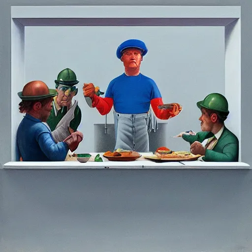 Image similar to a foreman calls his crew for lunch by Raphael, Hopper, and Rene Magritte. detailed, romantic, enchanting, trending on artstation.