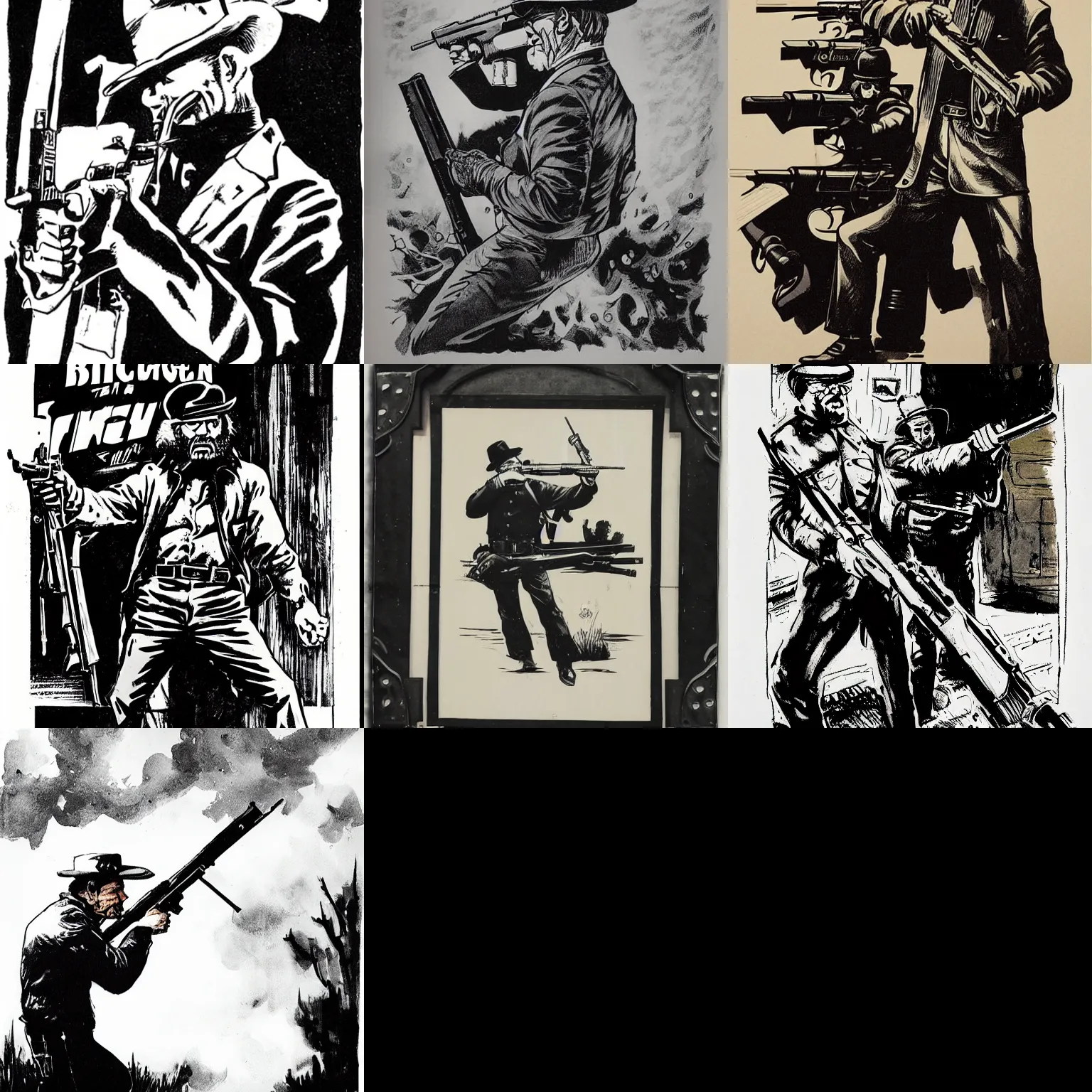 Prompt: charles bronson shoots a winchester rifle, mike mignola art, heavy ink, dark