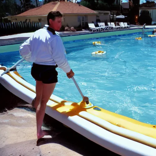 Image similar to admiral Nelson captains a raft in a swimming pool in Southern California,