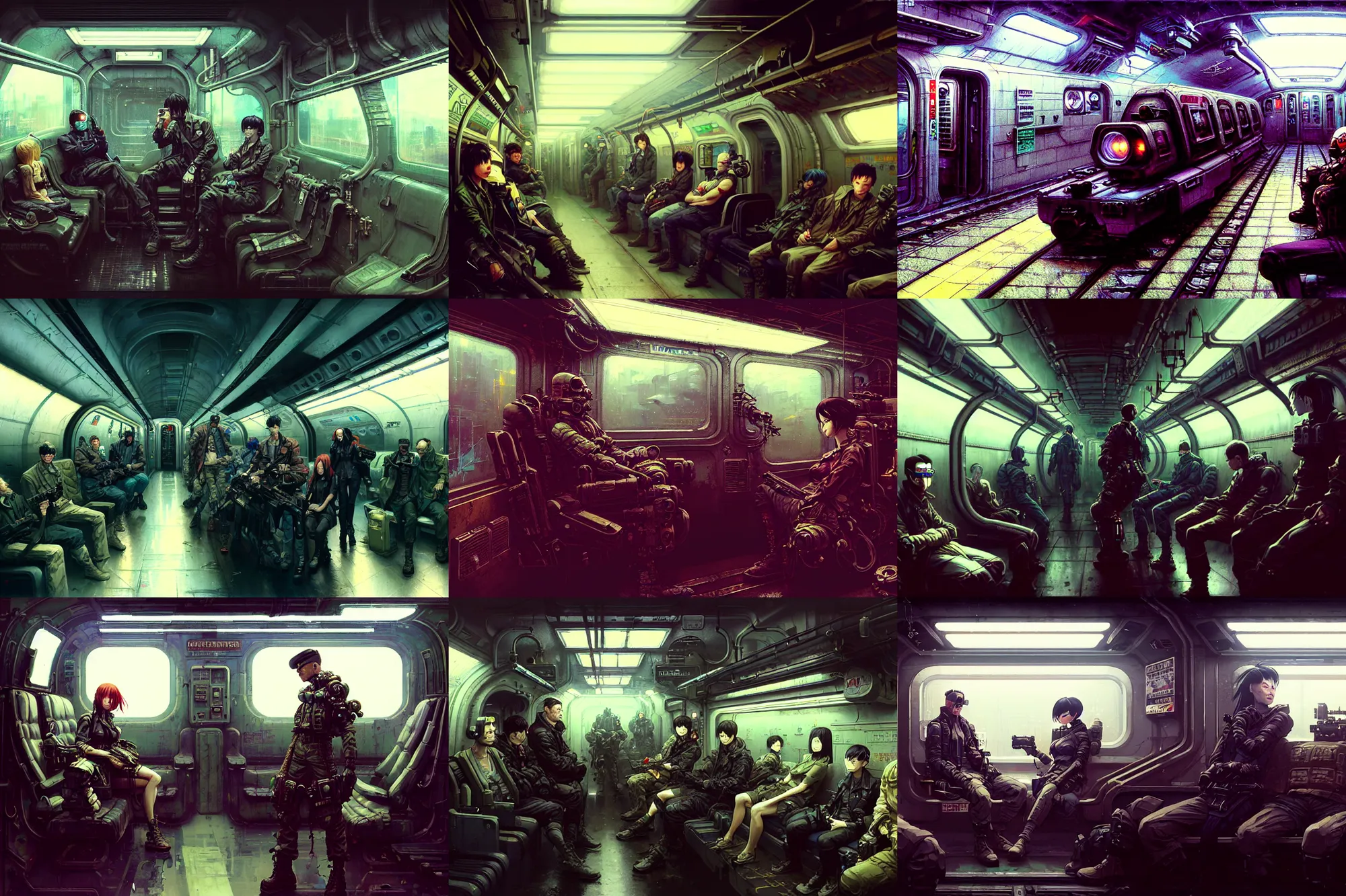 Prompt: hyper - realistic cinematic shot of cyberpunk portrait of military subway car interior, extreme detail, in style of thomas kinkade, pan ren wei, yoji shinkawa, ilya kuvshinov, atey ghailan, by greg rutkowski, by greg tocchini, by james gilleard, by joe fenton, by kaethe butcher, grunge aesthetic