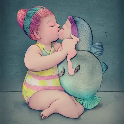 Image similar to the same style. the most beautiful little fat sweet girl is kissing a huge colorful cute fish. modern etching. colored print. hype realistic scene. old photography style. studio lighting. window. 3 d, octane render, deep focus, fashion style, white scene. very funny and sweet art. unreal engine. watercolor