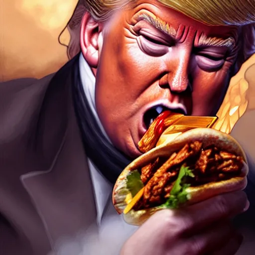 Image similar to donald trump eating a kebab, closeup, d & d, fantasy, intricate, elegant, highly detailed, digital painting, artstation, concept art, matte, sharp focus, illustration, art by artgerm and greg rutkowski and alphonse mucha