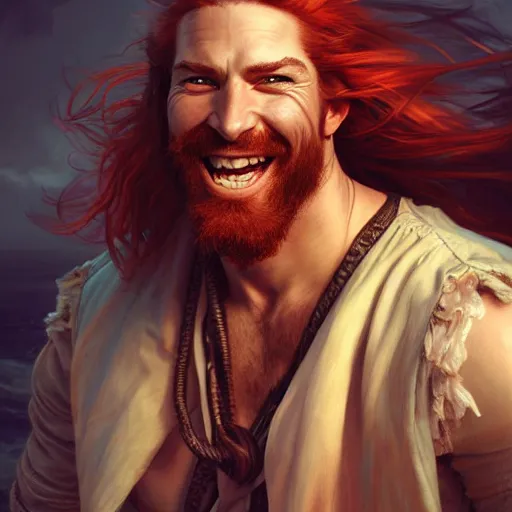 Prompt: portrait of a young ruggedly handsome but joyful pirate, male, masculine, upper body, red crimson hair, long flowing hair, fantasy, wide grin, intricate, elegant, highly detailed, digital painting, artstation, concept art, matte, sharp focus, illustration, art by artgerm and greg rutkowski and alphonse mucha