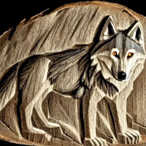 Image similar to wolf carved in a cave by a prehistorical human, old