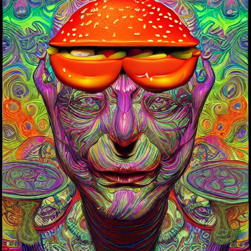 Image similar to An extremely psychedelic portrait of McDonalds, surreal, LSD, face, detailed, intricate, elegant, lithe, highly detailed, digital painting, artstation, concept art, smooth, sharp focus, illustration