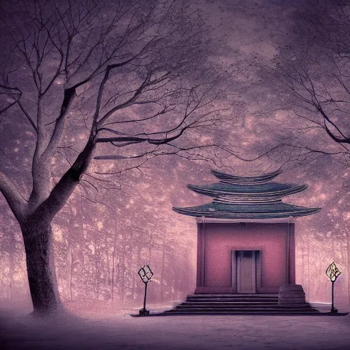 Prompt: A mysterious temple, a cherry tree, a cold atmosphere, a lone girl–wallpaper