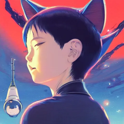 Prompt: A space realistic cat with big and cute eyes, || VERY ANIME, fine-face, realistic shaded perfect face, fine details. Anime. realistic shaded lighting poster by Ilya Kuvshinov katsuhiro otomo ghost-in-the-shell, magali villeneuve, artgerm, Jeremy Lipkin and Michael Garmash, Rob Rey and Kentarõ Miura style, trending on art station