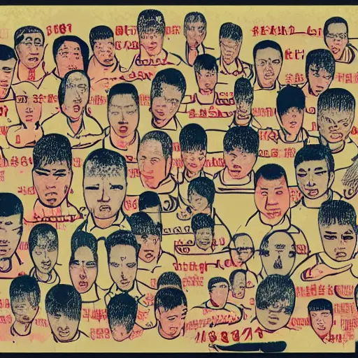 Image similar to chinese prisoners, organs, in the style of daniel johnston and outsider art, 4k, overlaid with chinese text