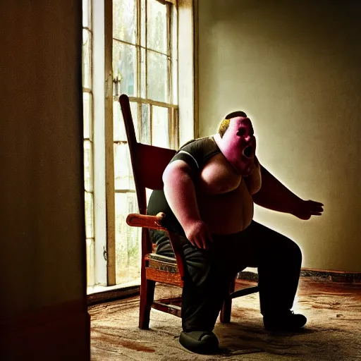 Prompt: creepy obese man in a chair with an 8 foot tongue, appalachia, atmospheric, photograph, 4 k