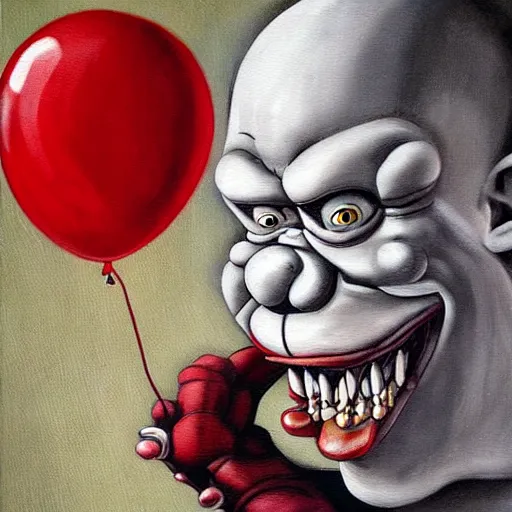 Image similar to grunge cartoon painting of an ape with a wide smile and a red balloon by chris leib, loony toons style, pennywise style, horror theme, detailed, elegant, intricate