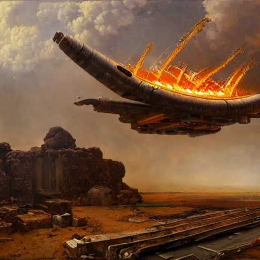 Prompt: a roman spaceship, stuck in the ground, the spaceship is on fire, smoke, rainstorm, lightning, angry, kinetic, adolphe bouguereaum, norman rockwell, trending on artstation, highly detailed oil painting,