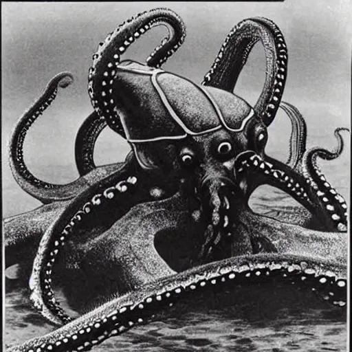 Prompt: old black and white photo, 1 9 1 3, depicting bruce willis in combat armor fighting giant octopus, historical record, tentacles around