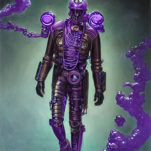 Prompt: portrait of an steampunk android that emits purple fog, by donato giancola