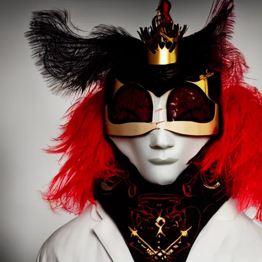 Image similar to portrait of a red king, sharp focus, black hair, full body, highly detailed, intricate, masked, white, regal clothing, gold ethereal light, high fantasy, pop art style