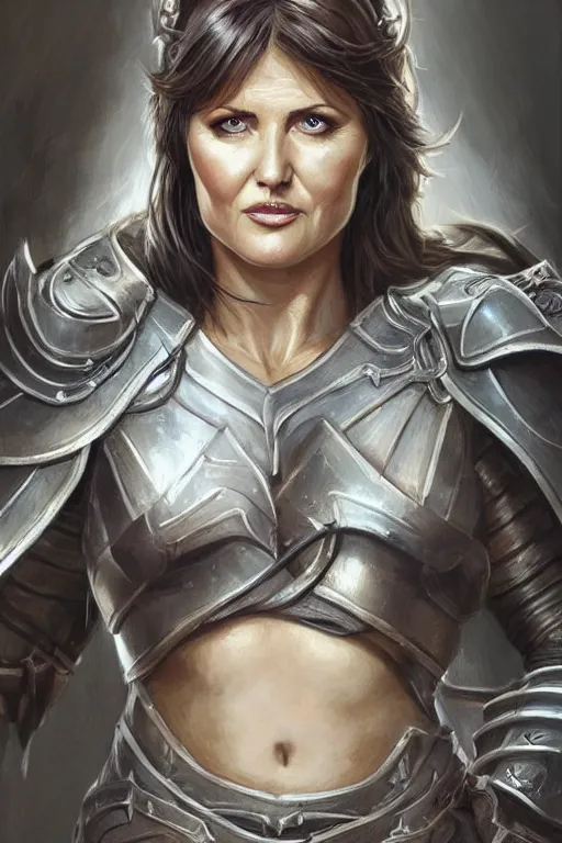 Image similar to a finely detailed portrait of Lucy Lawless, clothed in battle armor, olive skin, long dark hair, beautiful bone structure, symmetrical facial features, intricate, elegant, digital painting, trending on Artstation, concept art, smooth, sharp focus, illustration, from World of Warcraft, by Ruan Jia and Mandy Jurgens and Artgerm and william-adolphe bouguerea, award winning