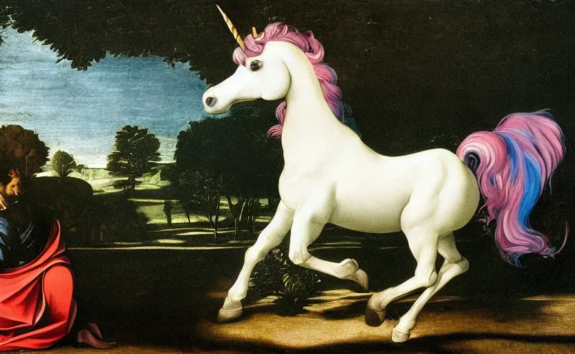 Image similar to a unicorn walking on a rainbow in the style of Caravaggio