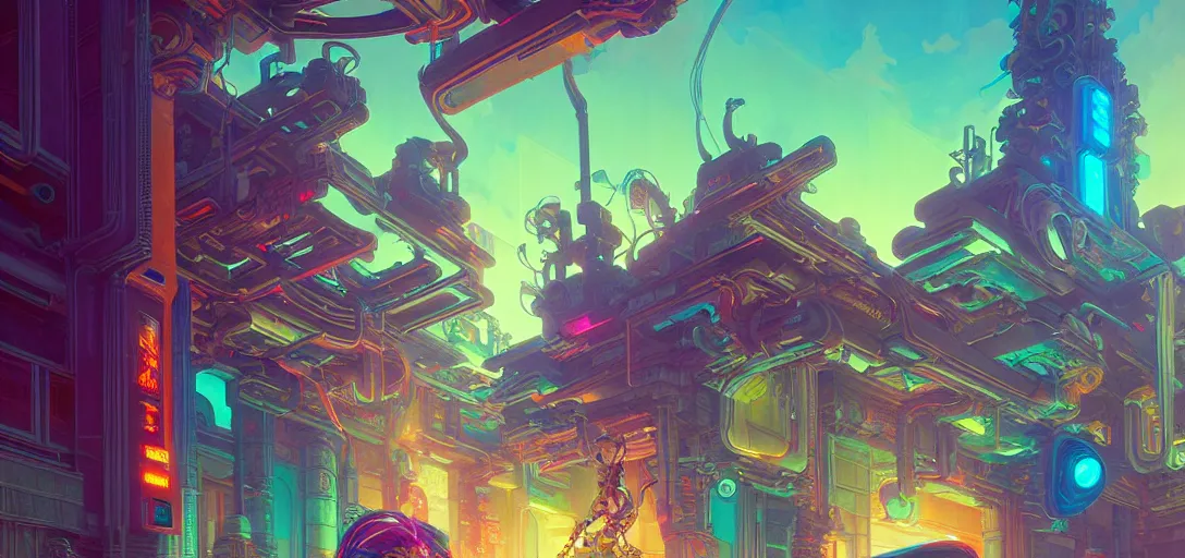 Image similar to street view of a cybernetic temple, vaporwave aesthetic, colorful, psychedelic, digital painting, artstation, concept art, smooth, sharp focus, illustration, art by artgerm and greg rutkowski and alphonse mucha