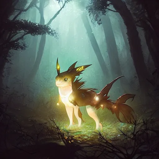 Image similar to a vaporeon as a cryptid silhouetted in a dark forest, glowing eyes, fantasy digital painting, stunning intricate details, artwork by ross tran and greg rutkowski