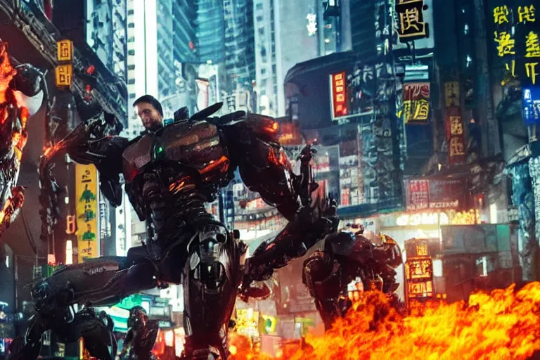 Prompt: film still of the best fight scene from the new pacific rim john wick crossover movie, set in hong kong