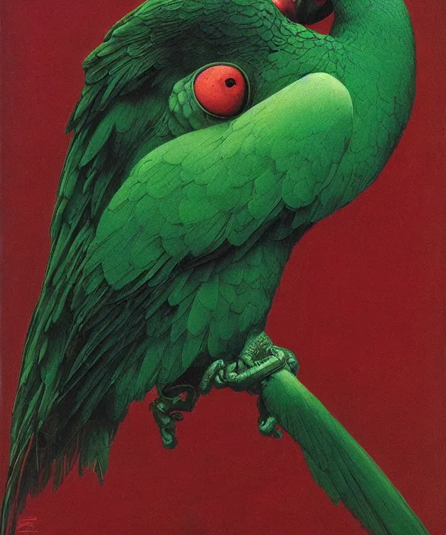 Image similar to beautiful emerald green parrot with red aura and eyes, by zdzisław beksinski, by gustave dore