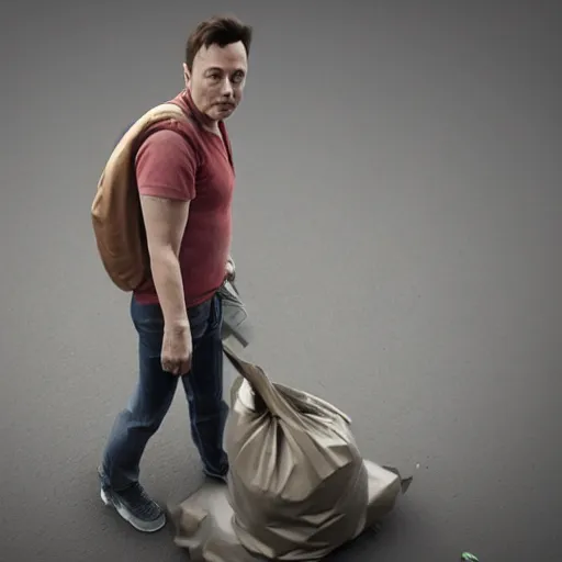 Image similar to portrait of elon musk as a homeless person carrying garbage can, ultra realistic photography, highly detailed, photorealistic, octane render, 8 k, unreal engine