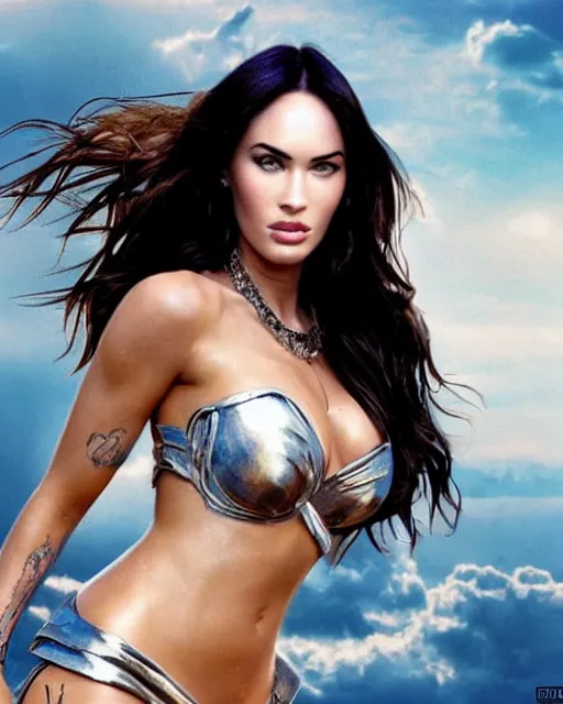 Image similar to megan fox as a hot Greek goddess in the sky, highly detailed, detailed face, beautiful face