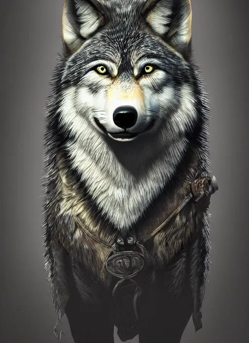 Image similar to a highly detailed airbrush painting of a wolf who is shepard, trending on artstation, unreal 5, daz, hyperrealistic, octane render, dungeons and dragons, dynamic lighting