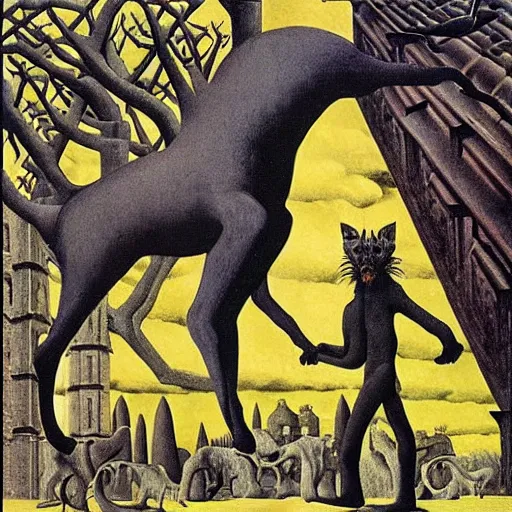 Prompt: king of the beasts 666, by Rene Magritte, by Remedios Varo, by M.C. Escher, fairy-tale illustration style, very detailed, colorful, beautiful, eerie, surreal, psychedelic