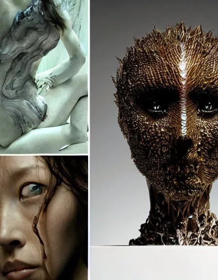 Image similar to still frame from Prometheus movie by Makoto Aida, hybrid dryad by Iris van Herpen painted by Caravaggio and by Yoshitaka Amano by Yumihiko Amano by Makoto Aida