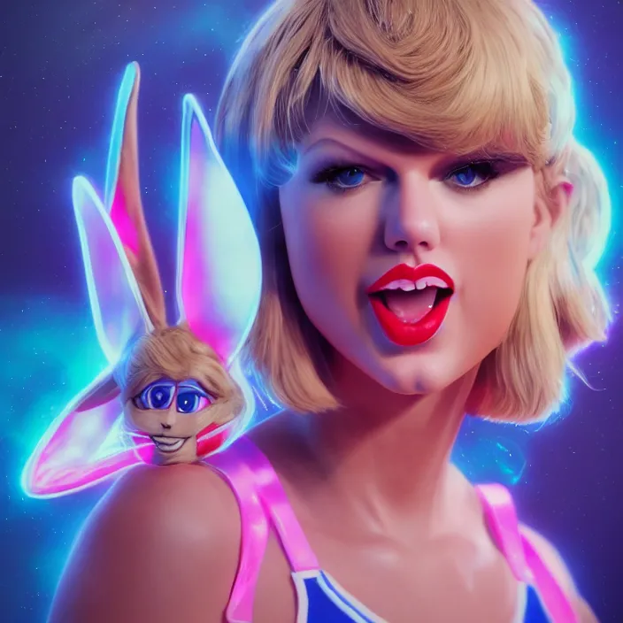 Image similar to portrait of Taylor Swift as Lola Bunny in Space Jam 1996. bunny ears. HD. intricate artwork. by Tooth Wu, wlop, beeple, dan mumford. octane render, trending on artstation, greg rutkowski very coherent symmetrical artwork. cinematic, hyper realism, high detail, octane render, 8k, iridescent accents