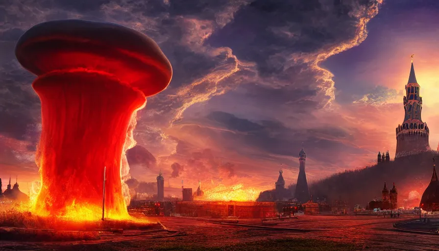 Image similar to a big nuclear explosion with realistic nuclear mushroom in Red Square Kremlin, dramatic lighting, cinematic, extremely high detail, photo realistic, cinematic lighting, post processed, concept art, artstation, matte painting, unreal engine 8k