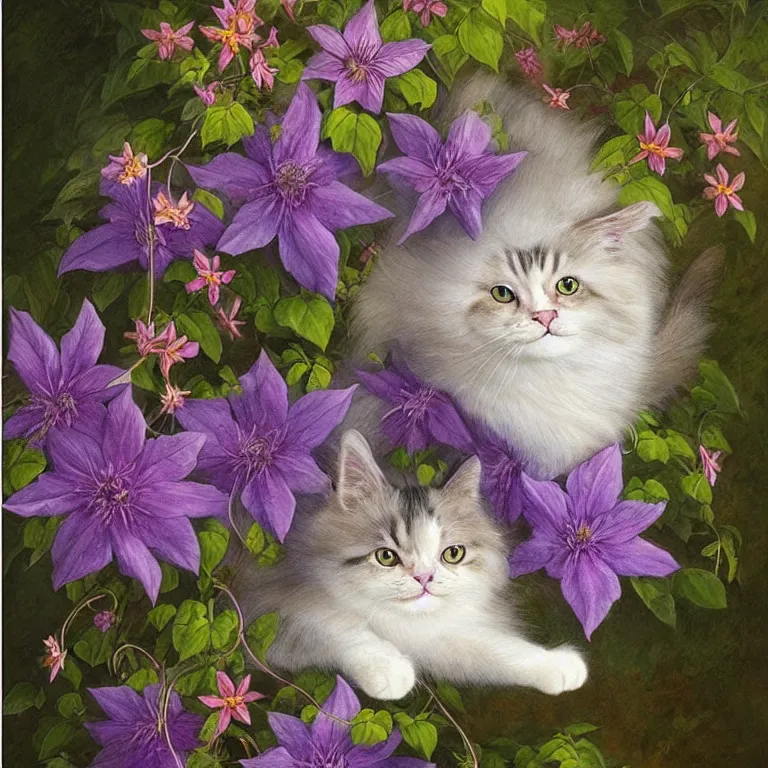 Prompt: a fluffy cartoon cat with fairy wings hovering in front of a clematis flower by Justin Gerard