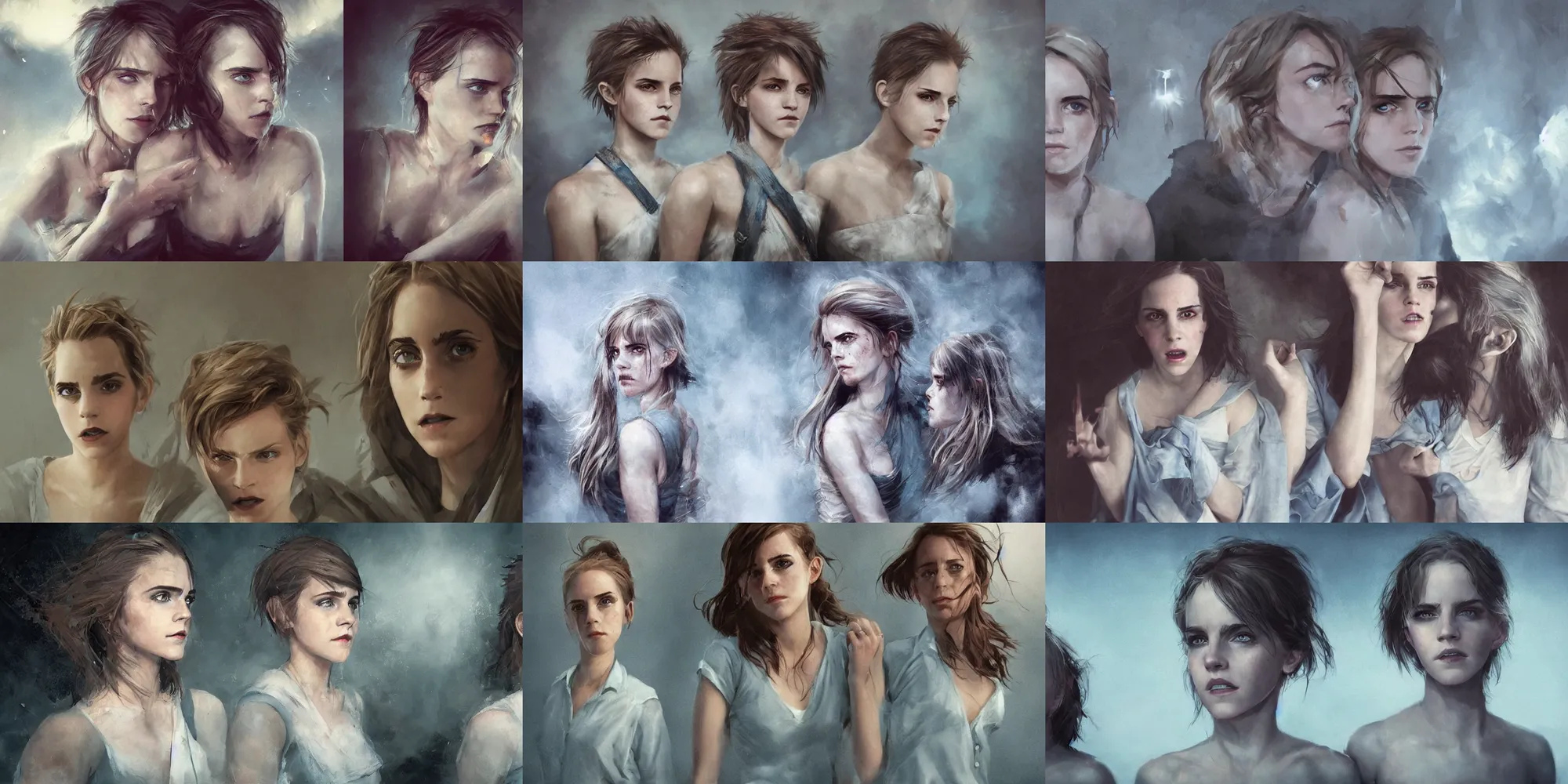 Prompt: portrait emma watson pale blue eyes short spiky hair identical twins screaming greg rutkowski!!! greg rutkowski!!! lois van baarle!!! james gurney james gurney canon eos david bailey!!! david bailey!!!! corinne day cinematic filmic photorealistic hyperdetailed cinematic lighting canon fujifilm sony alpha nikon