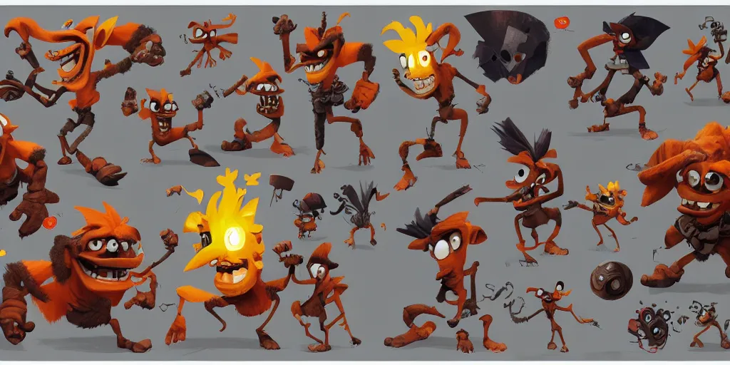 Prompt: crash bandicoot, character sheet, concept design, contrast, kim jung gi, greg rutkowski, zabrocki, karlkka, jayison devadas, trending on artstation, 8 k, ultra wide angle, pincushion lens effect