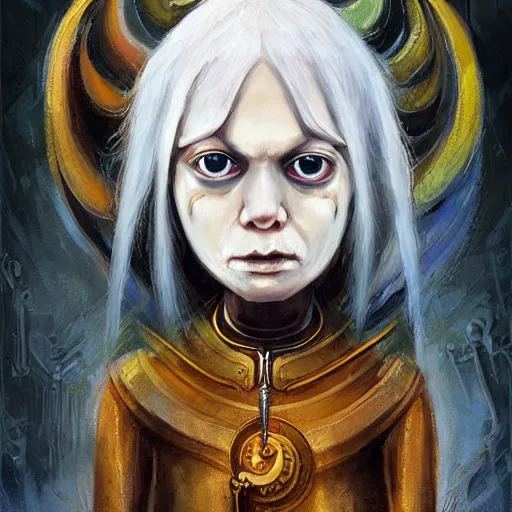 Image similar to portrait of small, cute, rubbery, huge-eyed, big-lipped albino mutant priestess with elaborate white hair with serious expression; science fiction concept art by Anato Finnstark, Margaret Keane, Greg Rutkowski