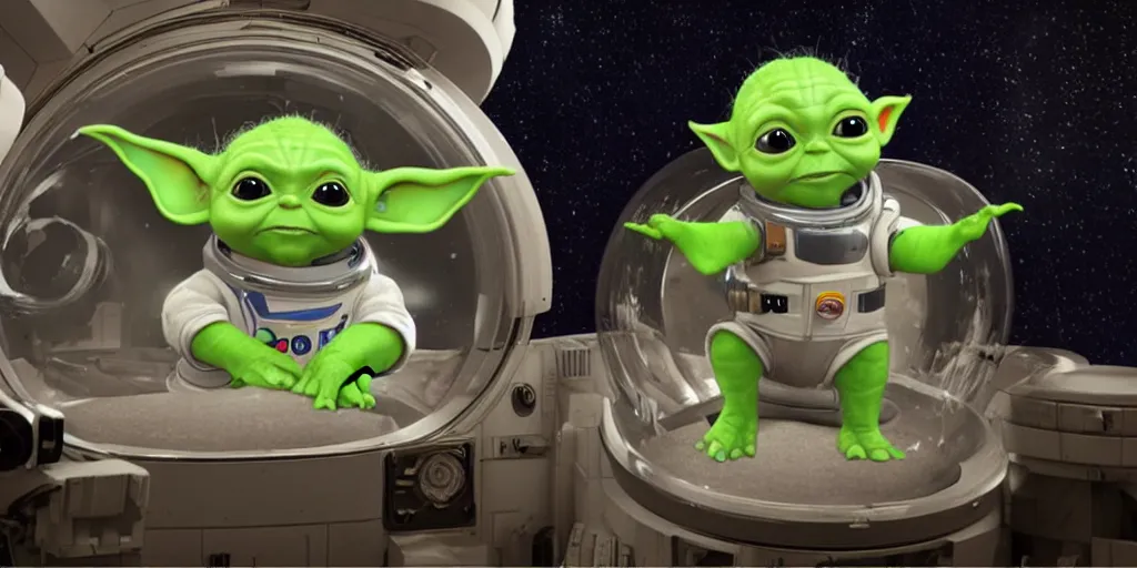 Image similar to a 3 d rendered movie still of baby yoda wearing a spacesuit, and exploring cosmos in a super awesome space ship. science fiction blockbuster movie, dramatic lighting, imax 7 0 mm. buzz lightyear
