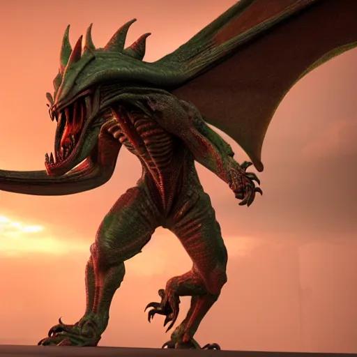 Prompt: an alien fused with a dragon, octane render, 3D, 8K, very detailed