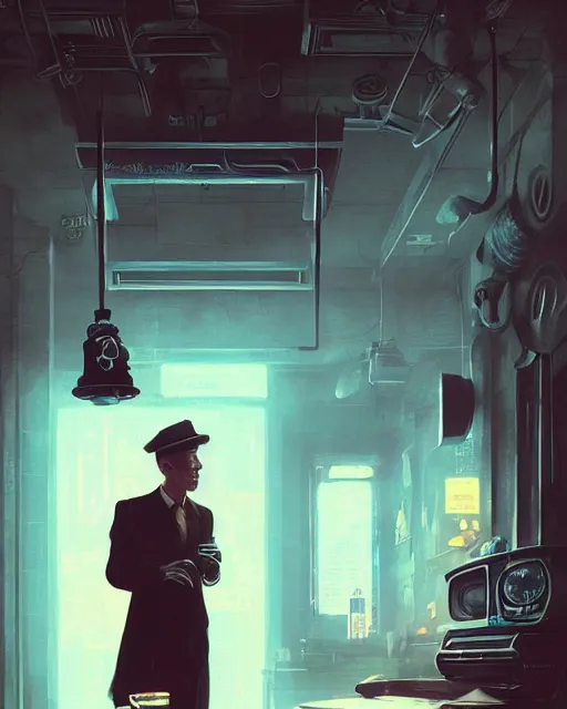 Image similar to young Frank Sinatra as a poor 1950s bartender, dystopia, 1980s Soviet Russia, steampunk, cyberpunk Stephen Bliss, unreal engine, fantasy art by Greg Rutkowski, Loish, Rhads, Makoto Shinkai and Lois van baarle, ilya kuvshinov, rossdraws global illumination, radiant light, detailed and intricate environment