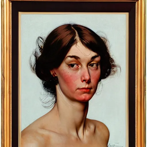 Image similar to A frontal portrait of a delicate, muscular and exhausted woman, by Norman Rockwell and Robert McGinnis.