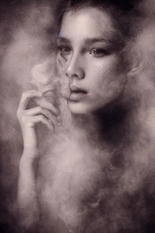 Image similar to wetplate photography inside a soul of a gorgeous young girl , searching for eternity, smoke out of her eyes, dark glowing forest in the style of stefan kostic, realistic, sharp focus, 8k high definition, high fashion, vogue, insanely detailed, soft light, colorful smoke, intricate, elegant, art by stanley lau and artgerm, sigma 85mm art