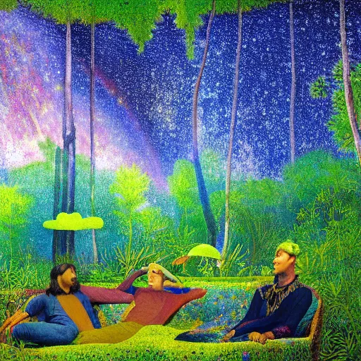 Prompt: psychedelic couch sofa in the lush pine forest, milky way, designed by arnold bocklin, jules bastien - lepage, tarsila do amaral, wayne barlowe and gustave baumann, cheval michael, trending on artstation, star, sharp focus, colorful refracted sparkles and lines, soft light, 8 k 4 k