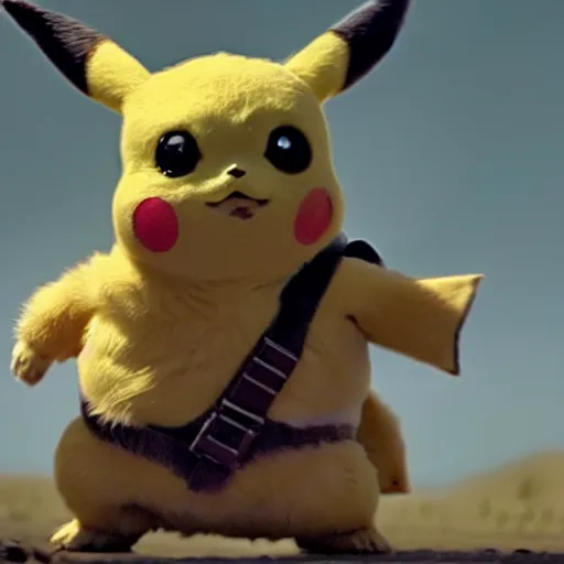 Image similar to a film still of baby pikachu in the mandalorian