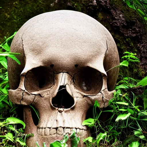 Prompt: Boulder shaped skull hidden in an overgrown forest in spring time