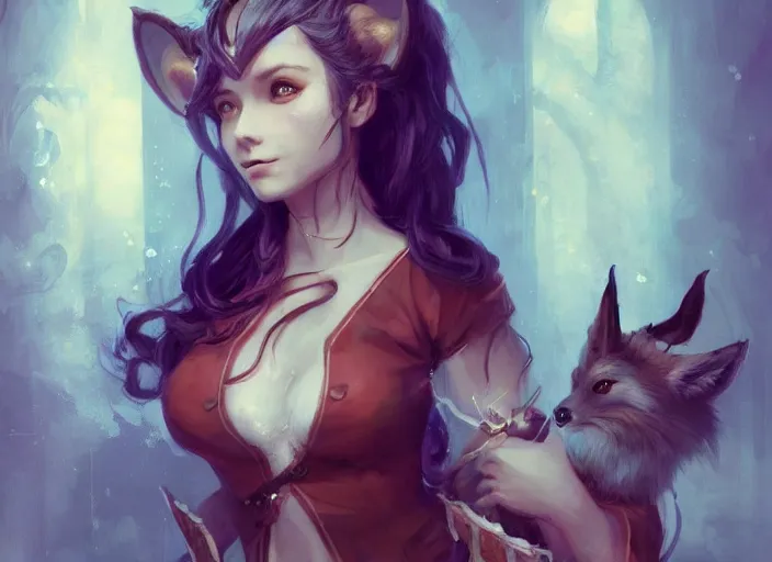 Image similar to a female bard with fox ears standing in a fantasy inn, d & d, official art, by charlie bowater, realistic expressive oil painting, cgsociety, anime style, masterpiece, trending on artstation, attractive and detailed face.