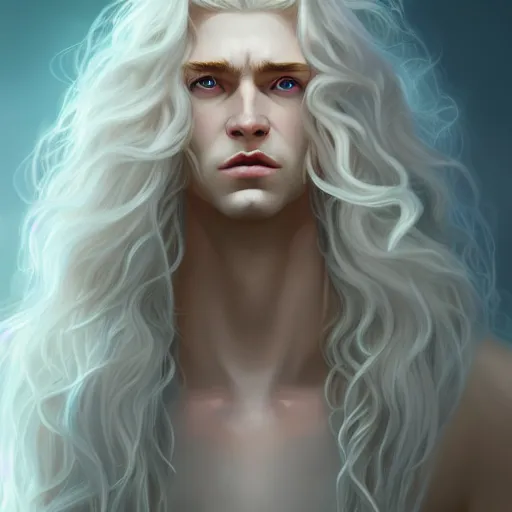 Image similar to Lucius the pale blond androgynous god of the sun, highly detailed, very very very long curly blond hair, extremely luscious curly blond hair, very very very pale white skin, digital painting, artstation, concept art, soft light, sharp focus, illustration