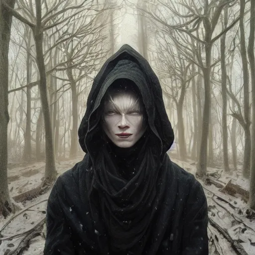 Image similar to an epic concept art of young man wearing black fabric mask, albino skin, winter vibes, elegant, very coherent symmetrical artwork, by tomasz alen kopera and alphonse mucha, sharp focus, octane render, unreal 5, trending on artstation