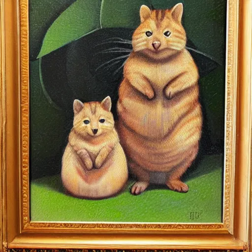 Prompt: detailing portrait oil painting of cat and quokka in the style of grant wood, perfect lighting