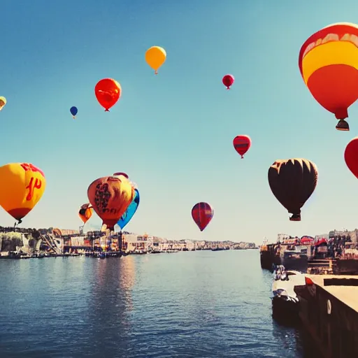 Image similar to photo of a lot of birthday balloons floating above a beautiful maritime port. sharp focus, highly - detailed, award - winning, epic cinematic